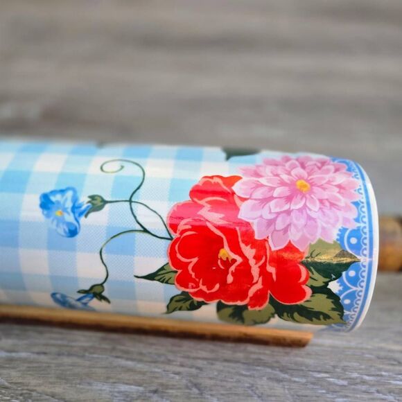 The Pioneer Woman Sweet Rose Ceramic Rolling Pin blue white check w/ floral rare - Picture 8 of 12